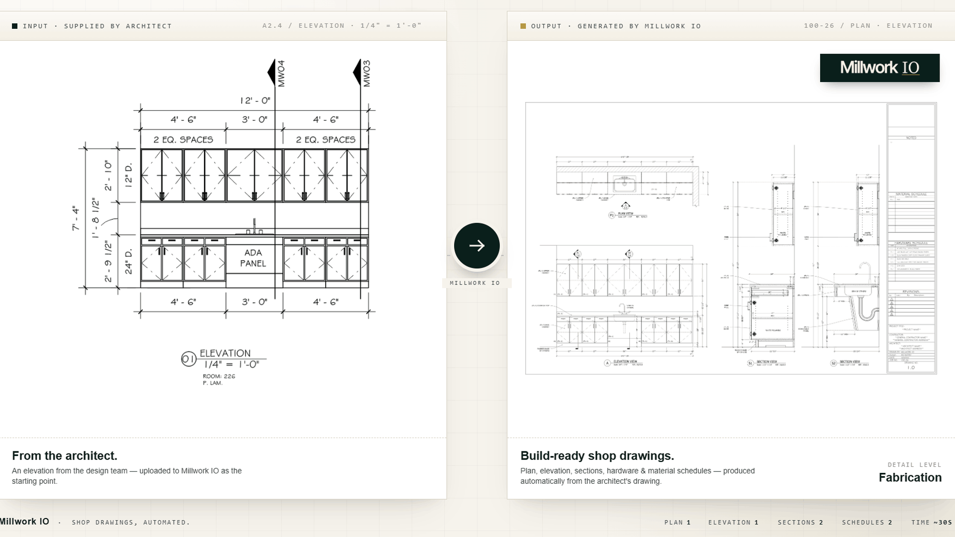 Millwork IO before / after — an architect's elevation on the left, a full Millwork IO shop drawing on the right