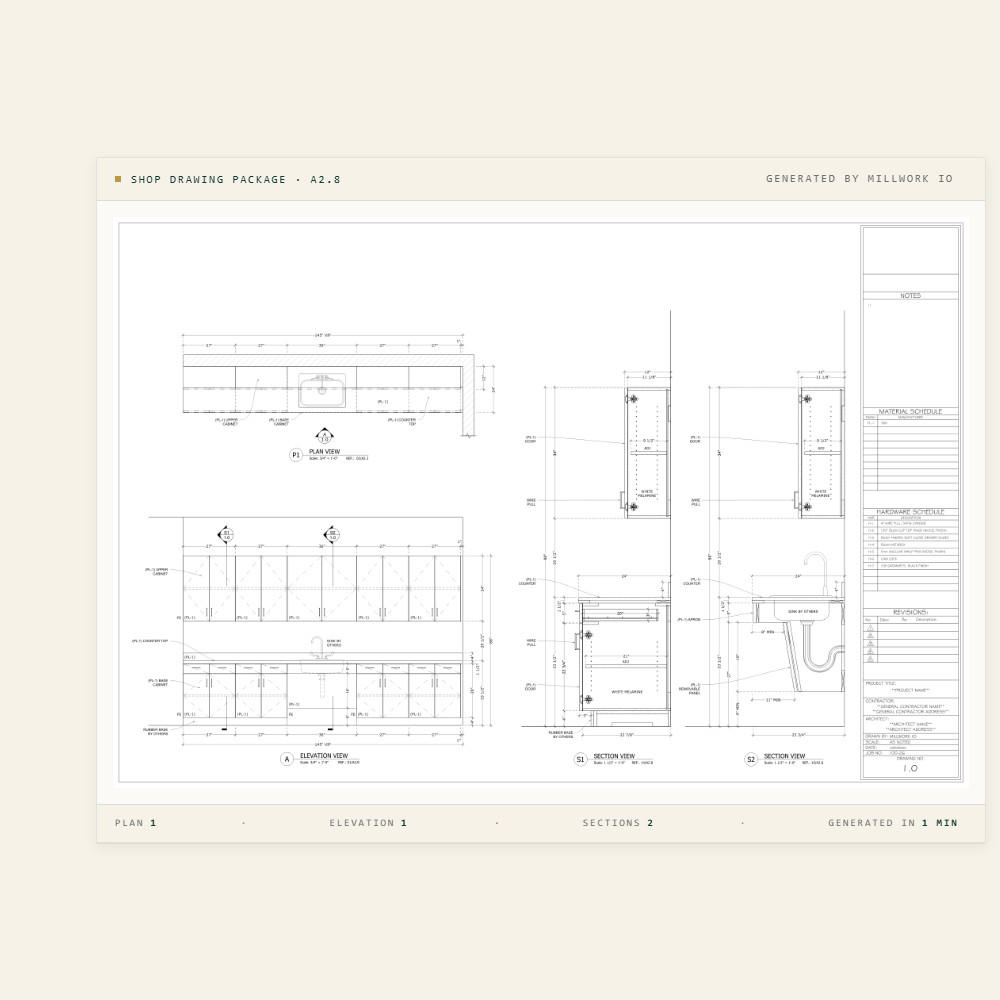 Sample Millwork IO output — a complete shop drawing package showing plan, elevation, sections, and schedules, generated in 1 minute